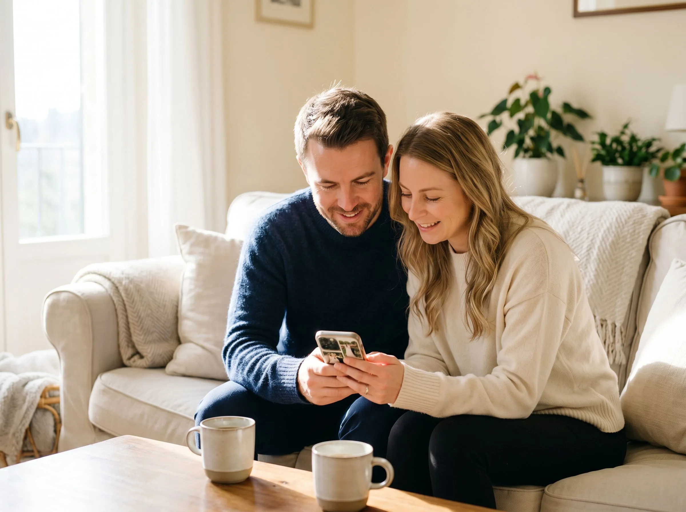 Pareja de recién casados en un sofá la mañana después de su boda, mirando juntos las fotos de los invitados en el móvil